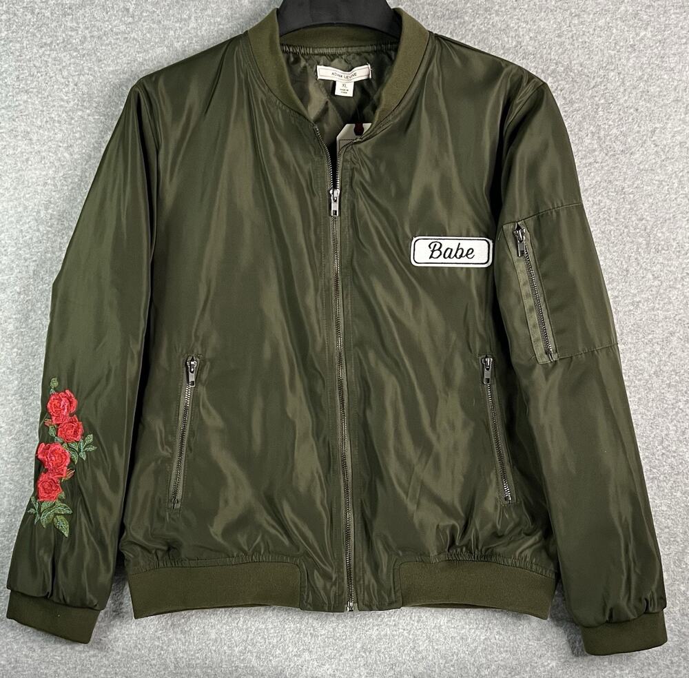 Adam Levine Olive Green “Babe” Rose Embroidered Bomber Jacket XL NWT